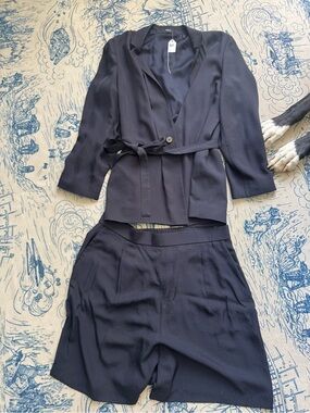 Theory Navy Belted Blazer & High-Waist Shorts Set